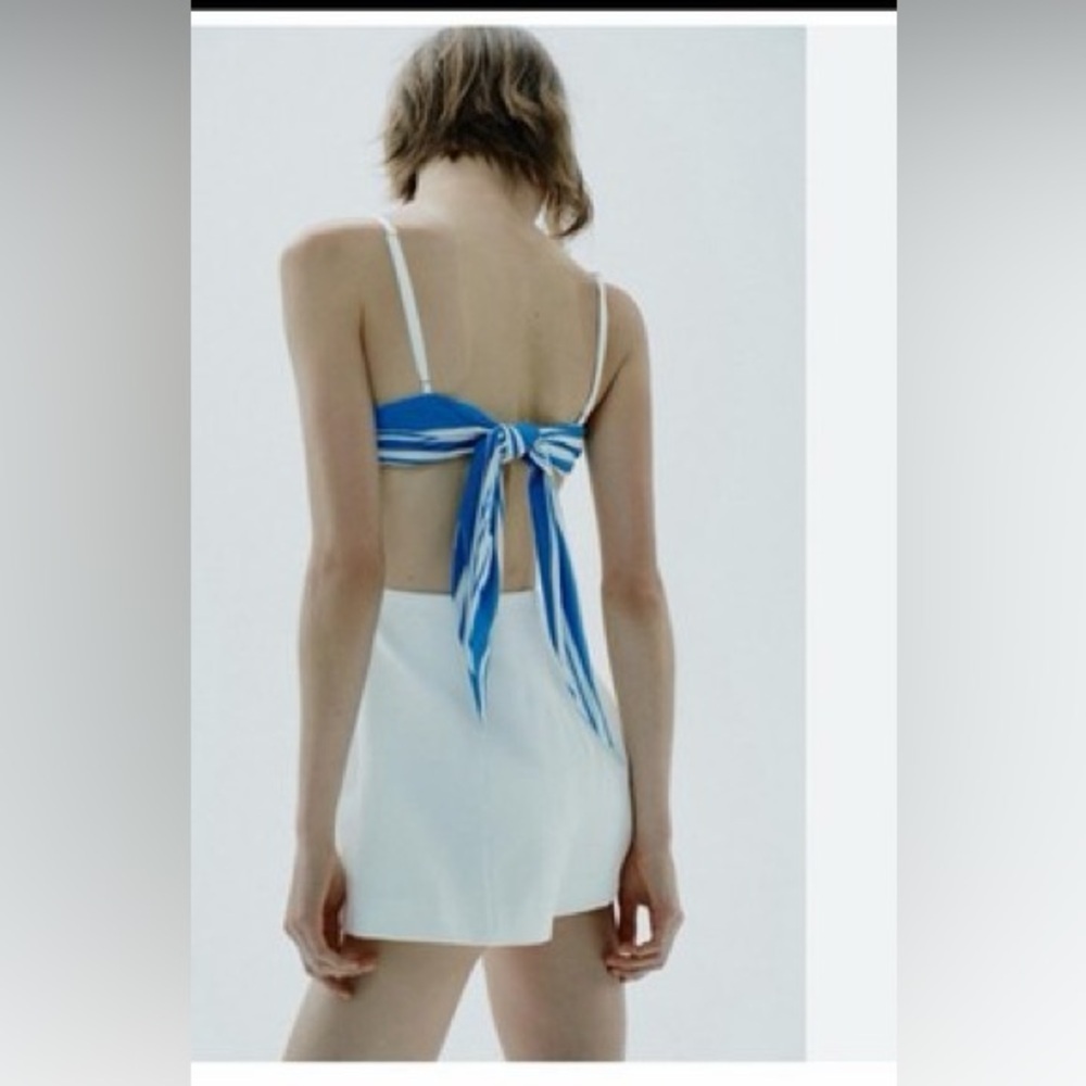 Zara Blue and White Back-Tie Mini Dress